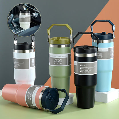 Edelstahl Trinkflasche Auto im pinken Design, isolierter Becher mit Griff und Deckel, ideal für unterwegs.