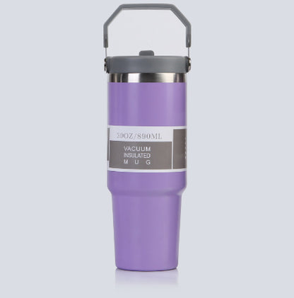 Edelstahl Trinkflasche Auto im pinken Design, isolierter Becher mit Griff und Deckel, ideal für unterwegs.
