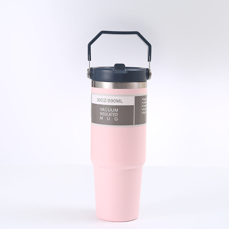 Edelstahl Trinkflasche Auto im pinken Design, isolierter Becher mit Griff und Deckel, ideal für unterwegs.