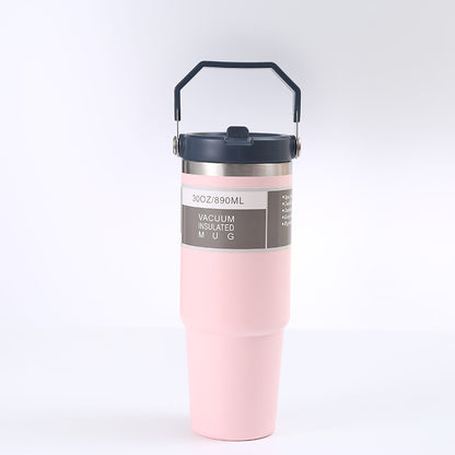 Edelstahl Trinkflasche Auto im pinken Design, isolierter Becher mit Griff und Deckel, ideal für unterwegs.
