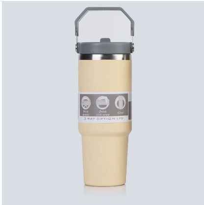 Edelstahl Trinkflasche Auto im pinken Design, isolierter Becher mit Griff und Deckel, ideal für unterwegs.
