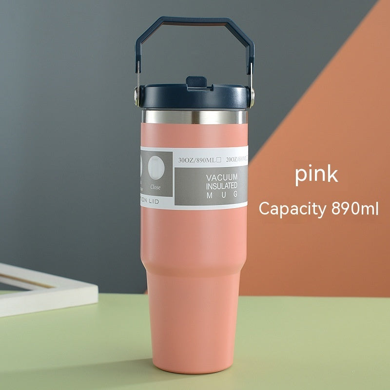 Edelstahl Trinkflasche Auto im pinken Design, isolierter Becher mit Griff und Deckel, ideal für unterwegs.