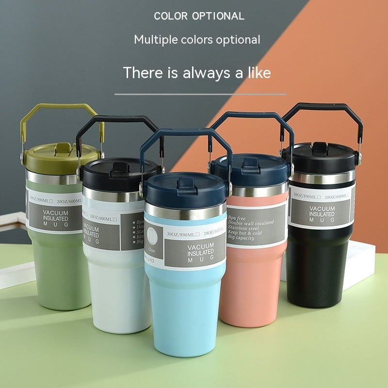 Edelstahl Trinkflasche Auto im pinken Design, isolierter Becher mit Griff und Deckel, ideal für unterwegs.