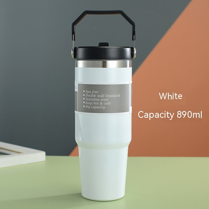 Edelstahl Trinkflasche Auto im pinken Design, isolierter Becher mit Griff und Deckel, ideal für unterwegs.