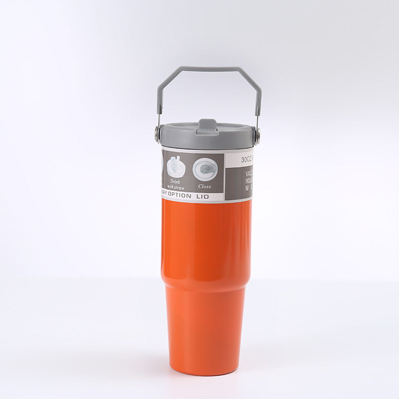 Edelstahl Trinkflasche Auto im pinken Design, isolierter Becher mit Griff und Deckel, ideal für unterwegs.